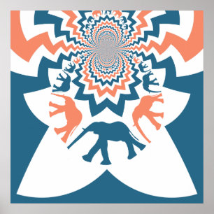 Póster Padrões de cromo azul-coral de elefantes caminhan