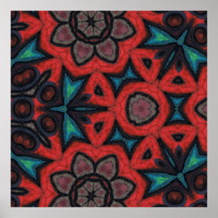 Poster Padrões Florais de Mandala de Caleidoscópio Vermel