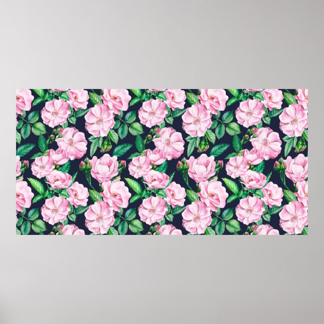 Poster Padrões sem costura de ramos de rosas, botões e un (Frente)
