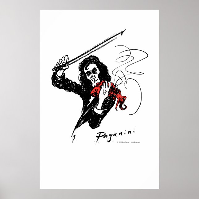 Póster Paganini tocando violino vermelho (Frente)