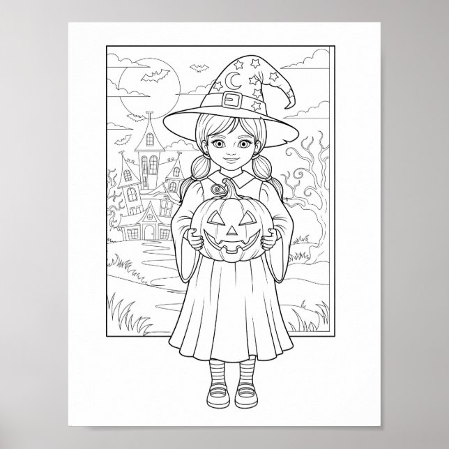 Poster Página de Coloração do Halloween - Uma Menina com  (Frente)