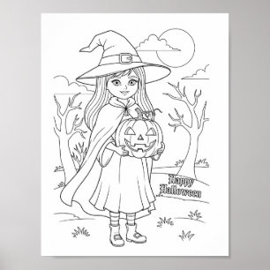 Poster Página de Coloração do Halloween - Uma Menina com 