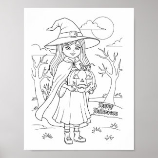 Poster Página de Coloração do Halloween - Uma Menina com