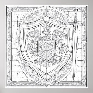 Poster Página de Colorir Escudo Heráldico de Cavaleiro De