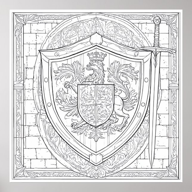 Poster Página de Colorir Escudo Heráldico de Cavaleiro De (Frente)