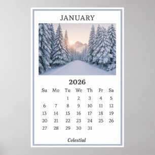 Poster Página do Calendário da Montanha Nevada de Janeiro
