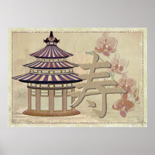 Póster Pagoda Rosa Mixed Media Oriental
