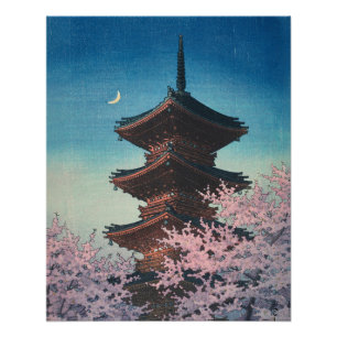 Póster Pagode de uma Tarde de Primavera em Xilogravura Ja