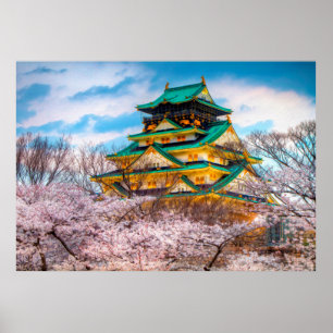 Poster Pagode e Sakura japoneses do jardim em Osaka,