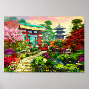 Póster Pagode japonês Sakura do jardim e cachoeira