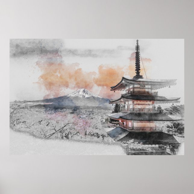 Poster Pagode Japonesa com Monte Fuji – Minimalista  (Frente)