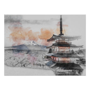 Póster Pagode Japonesa em Aquarela & Mt. Fuji