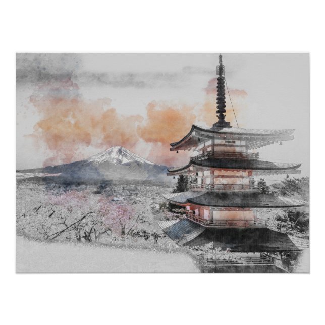Póster Pagode Japonesa em Aquarela & Mt. Fuji (Frente)