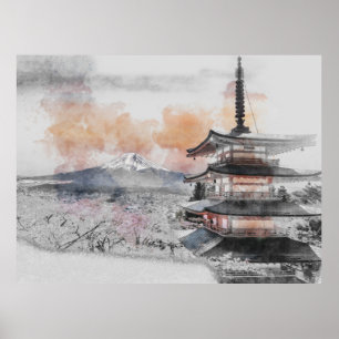 Poster Pagode Japonesa em Aquarela & Mt. Fuji