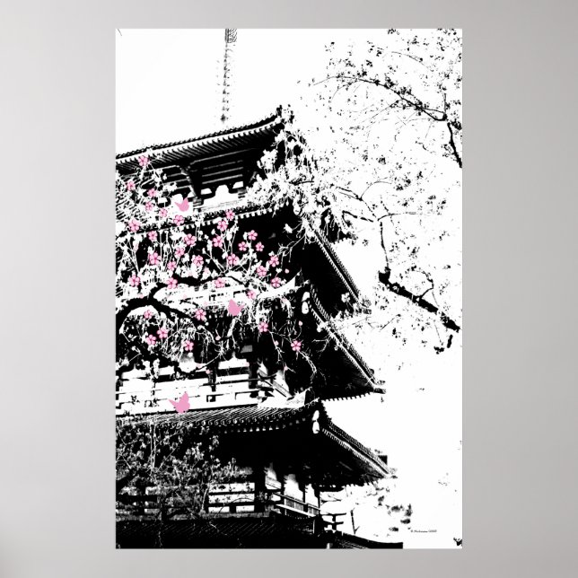 Poster Pagode Japonesa Preto/Branco c/ Arte de Flores de  (Frente)