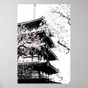 Poster Pagode Japonesa Preto/Branco c/ Flores de Cerejeir