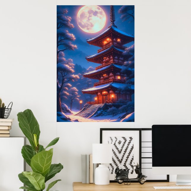 Poster Pagode Mística Sob o Céu Lunar (Escritório em casa)
