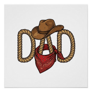 Póster Pai Cowboy Corda Chapéu Bandana Desenho Vintage De
