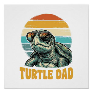 Póster Pai Tartaruga Retro Por do Sol Vintage Gravura Vet