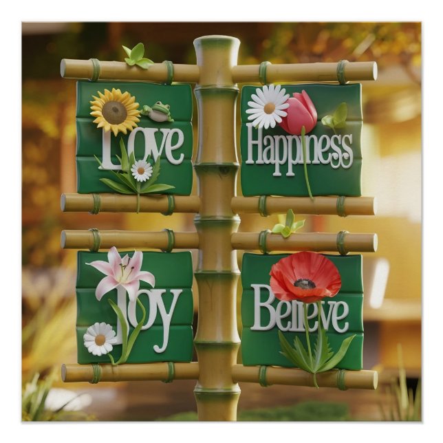 Póster Painéis de Bambu 3D com Motivos Florais e Saída Ve (Frente)