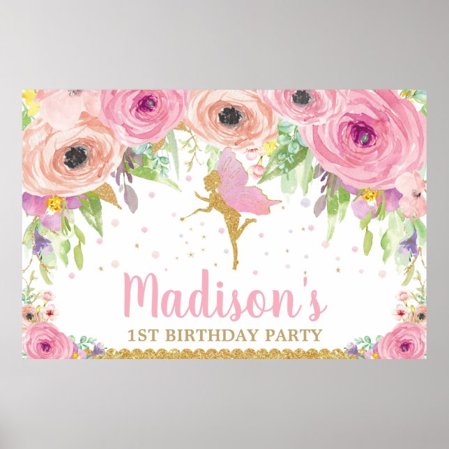Poster Painel de Aniversário de Fada com Floral Rosa (Frente)
