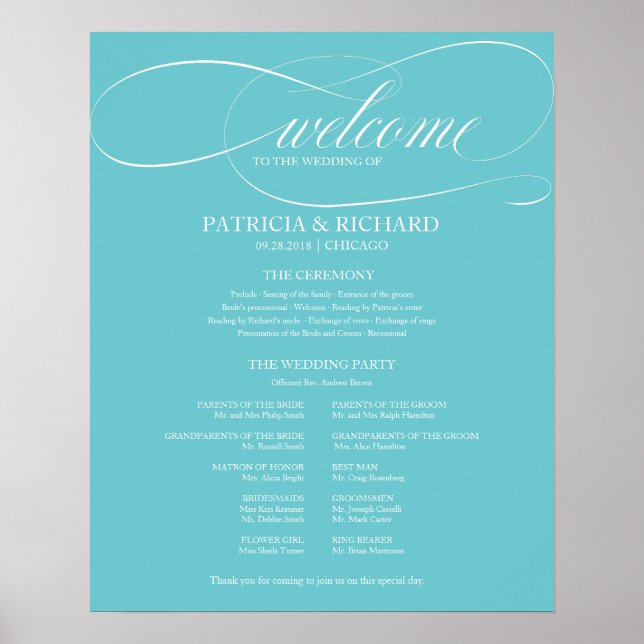 Poster Painel de Programa de Cerimônia de Casamento Azul  (Frente)