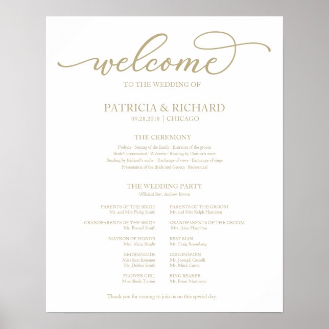 Poster Painel de Programa de Cerimônia de Casamento Chic  (Frente)