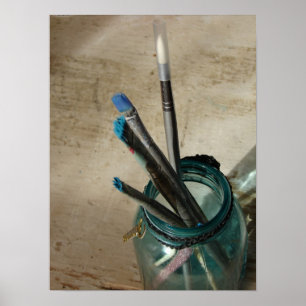 Poster Paint Brushes in a Vintage Jar Still Life