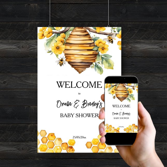 Poster Pais de abelhas chá de fraldas sinal de boas-vinda (Parents to bee honey bee baby shower welcome sign editable template digital download beehive yellow)