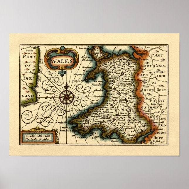 Poster País de Gales - Antigo e Histórico Mapa do Atlas B (Frente)