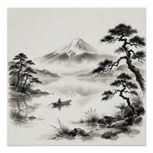 Póster Paisagem a Nanquim do Monte Fuji Japão