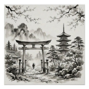 Póster Paisagem a Tinta Nanquim de Quioto Japão