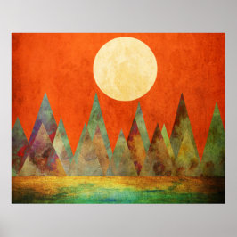 Poster Paisagem Abstrata Lua Cheia Montanhas Céu Laranja