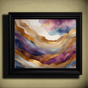 Poster Paisagem abstrato com pintura Dourada de púrpura a