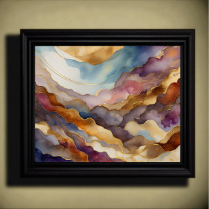 Poster Paisagem abstrato com pintura Dourada de púrpura a