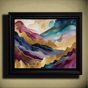 Poster Paisagem abstrato com pintura Dourada de púrpura a
