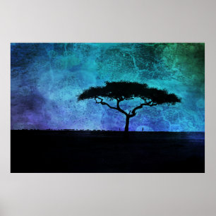 Poster Paisagem africana da Árvore Acácia em Azul e Roxo