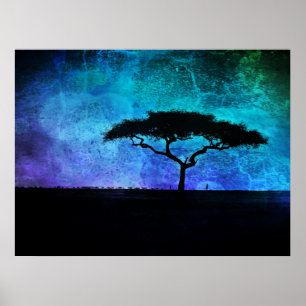 Poster Paisagem africana da Árvore Acácia em Azul e Roxo