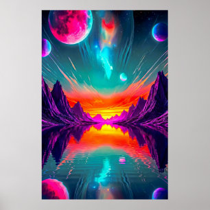 Poster Paisagem Alienigena de Neon Synthwave Gráfico