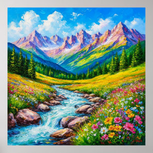Poster Paisagem alpina com flores selvagens florescentes