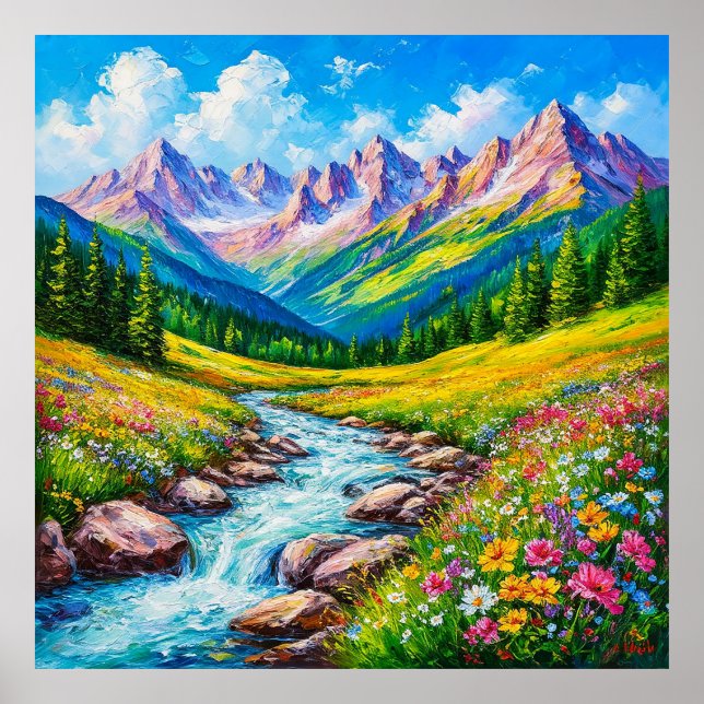 Poster Paisagem Alpina com Flores Silvestres em Flor (Frente)