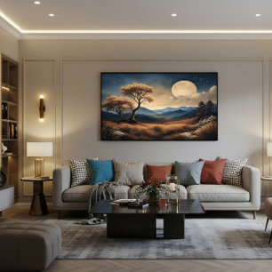 Poster Paisagem ao Luar Árvores Douradas Montanhas