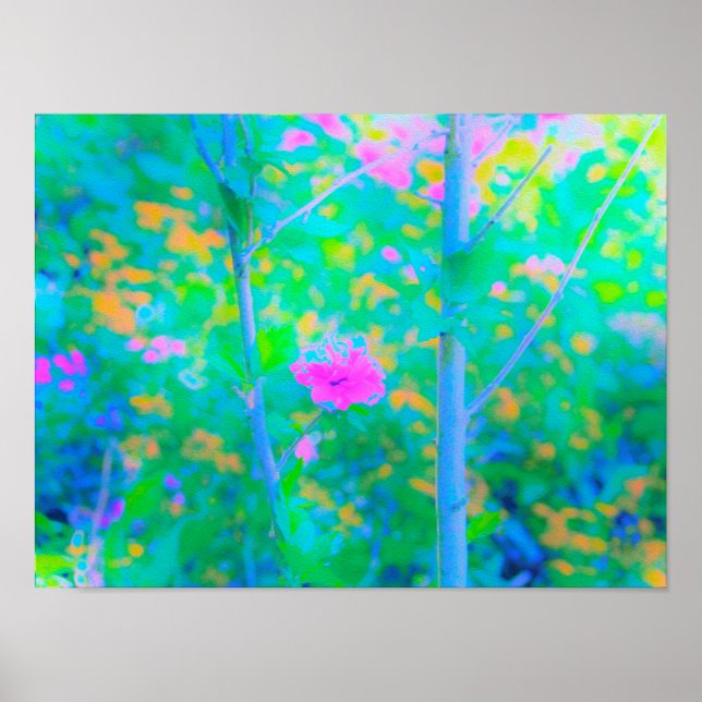 Poster Paisagem Azul Impressionista com Flor Rosa (Frente)
