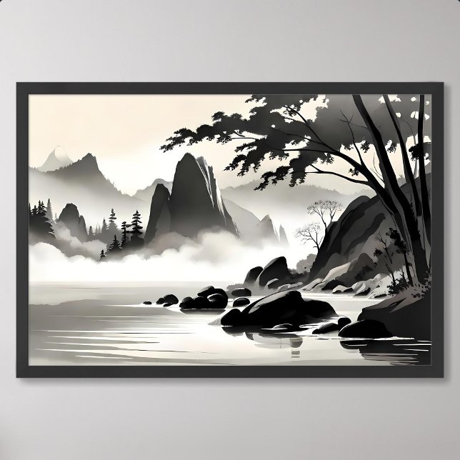 Poster Paisagem clássica paisagem rochosa, rio preto, bra (classic painting landscape rocky river black white)