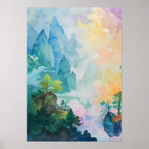 Poster Paisagem Colorida com Árvores e Montanhas