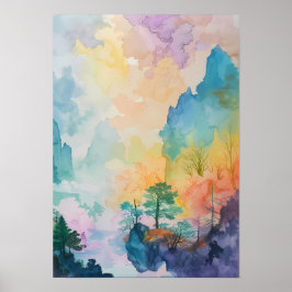 Poster Paisagem Colorida com Árvores e Montanhas