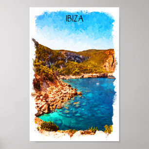 Poster Paisagem Colorida Ibiza Espanha Watercolor