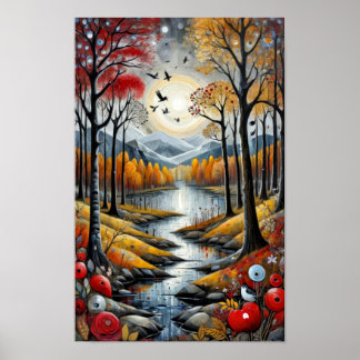Poster Paisagem colorida surreal com um rio tranquilo