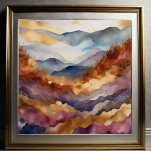 Poster Paisagem com Abstrato de Aquarela Dourada 1:1