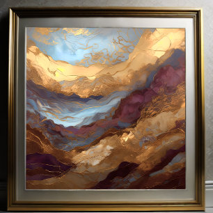 Poster Paisagem com Abstrato de Aquarela Dourada 1:1